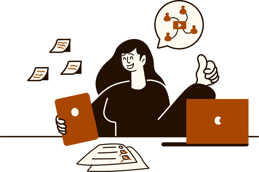 Illustration of a team member giving a thumbs up while connected data flows between people