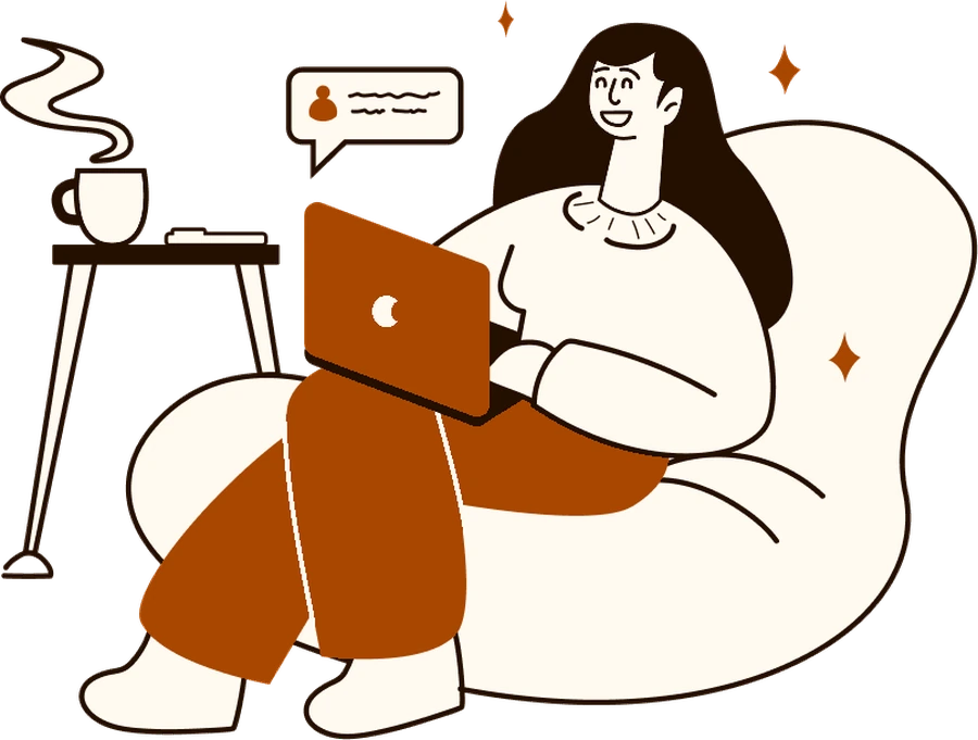 Illustration of a relaxed person working on a laptop with a message notification